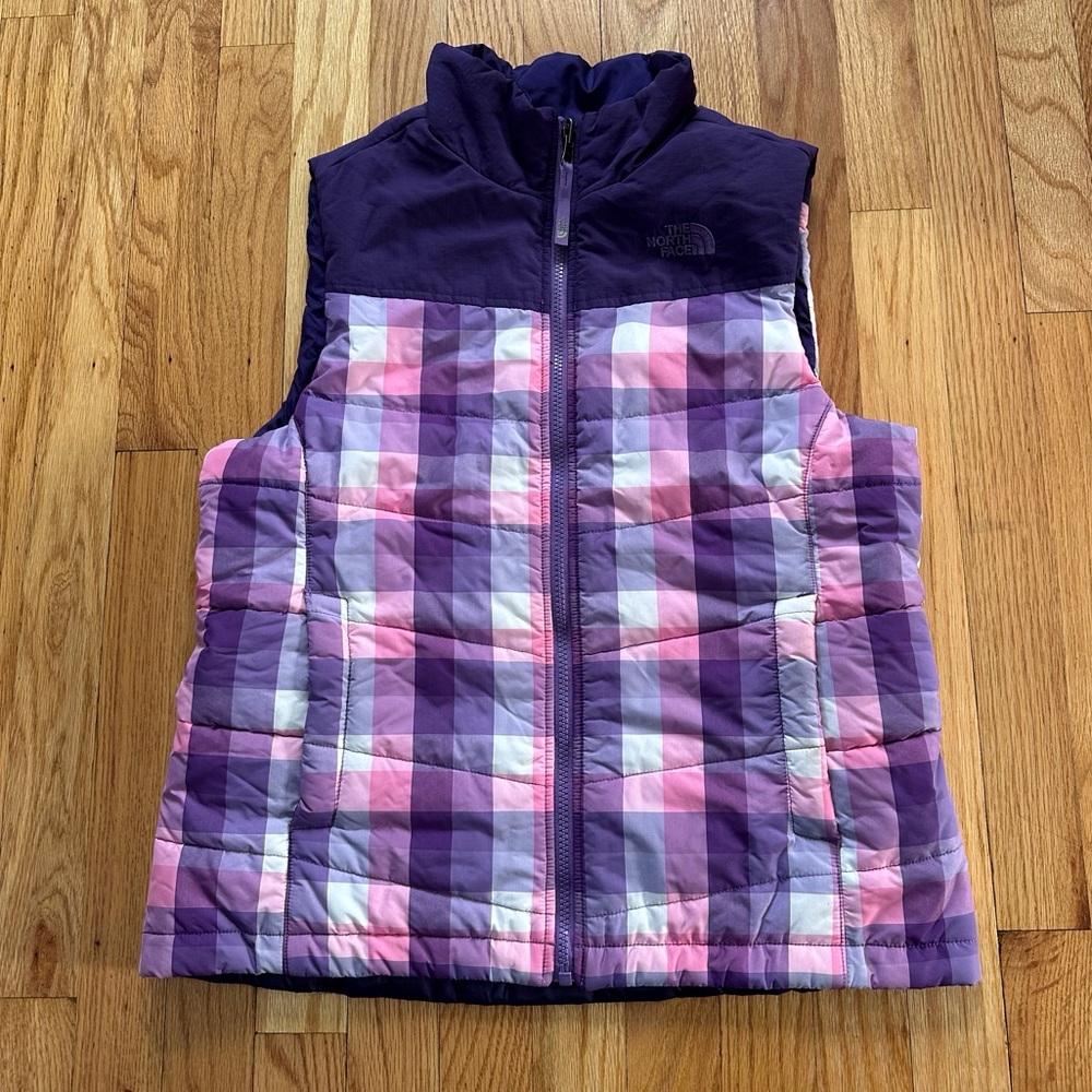 The North Face Purple and Pink Plaid Puffer Vest size large 14/16